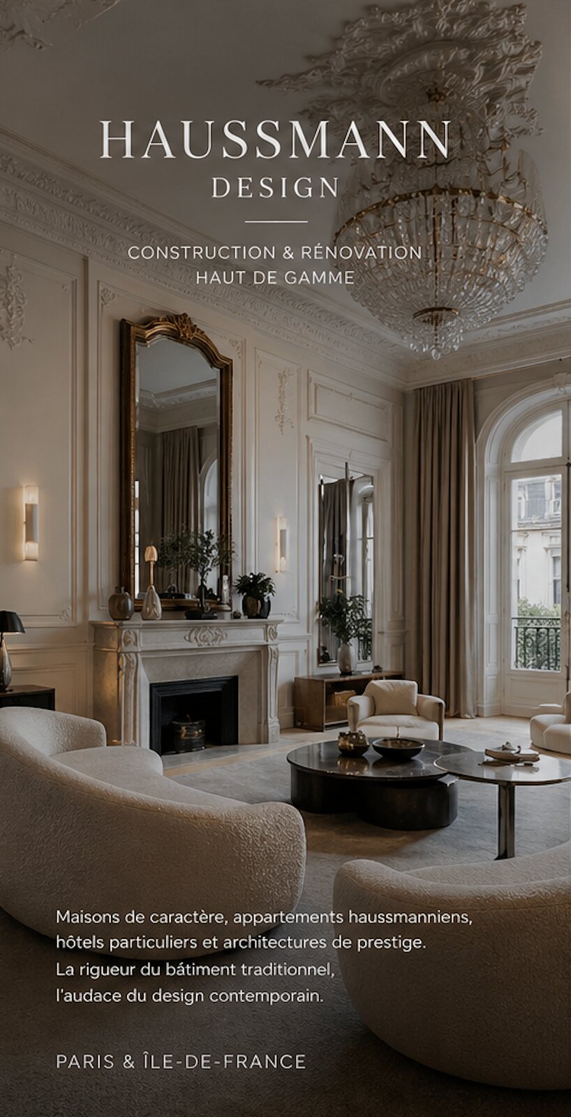 Haussmann Design — Construction et rénovation haut de gamme : salon haussmannien parisien aux moulures sculptées, lustre cristal et mobilier d'auteur