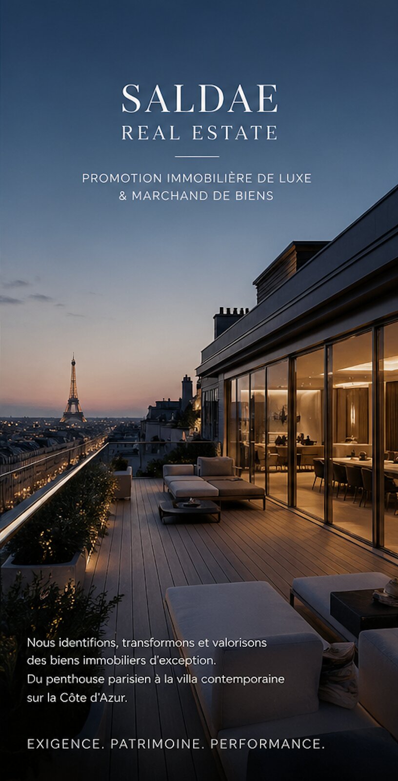 Saldae Real Estate — Promotion immobilière de luxe : penthouse parisien avec terrasse et vue sur la Tour Eiffel au crépuscule