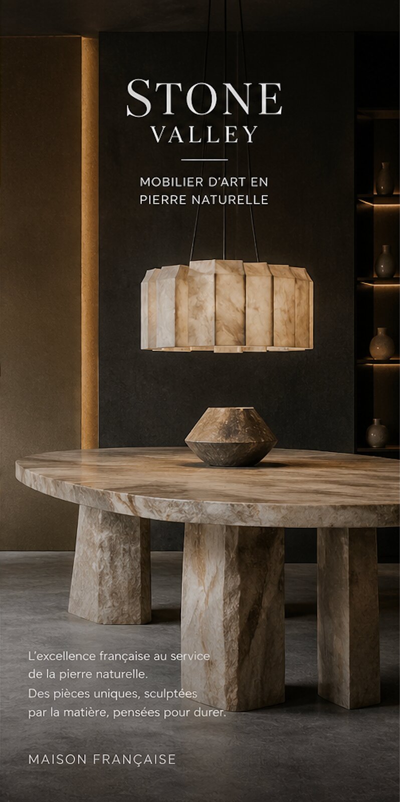 Stone Valley — Mobilier d'Art en pierre naturelle : table sculpturale en marbre veiné et suspension monumentale en albâtre